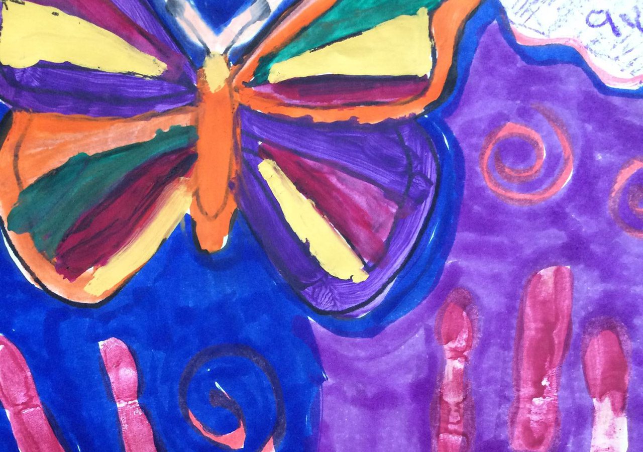 A painting of a butterfly on a purple background.