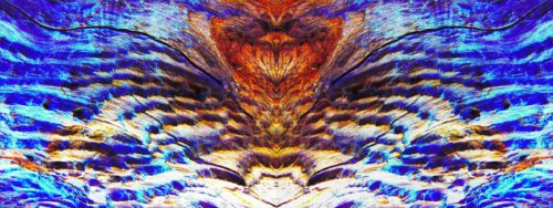 An abstract image of a bird with blue and orange feathers.