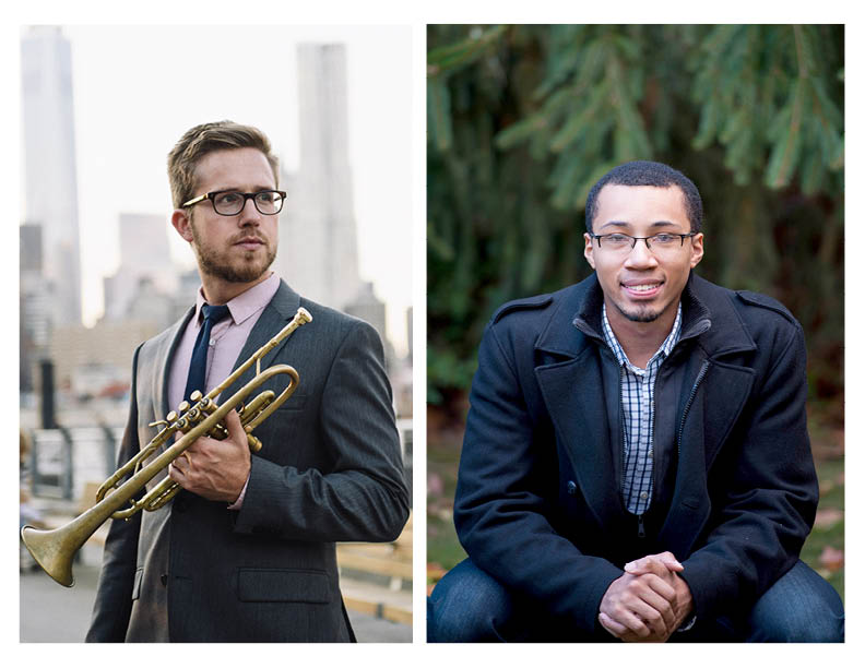 Two pictures of a man in glasses and a man with a trumpet.