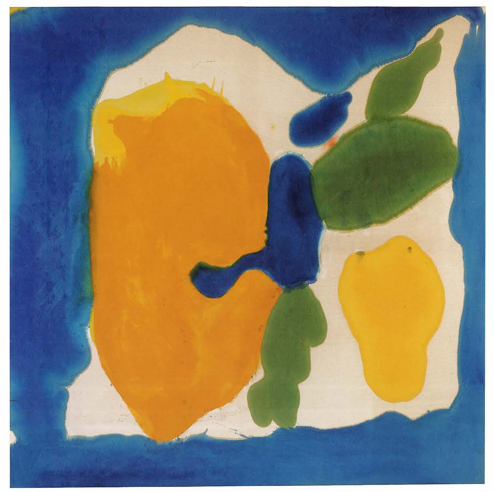 A painting of a yellow and orange fruit on a blue background.