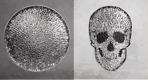 Two pictures of a skull and a silver plate.
