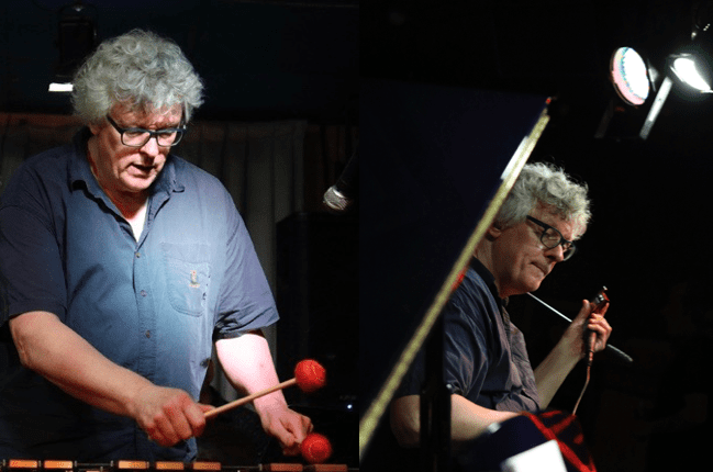 Two pictures of a man playing a drum in front of a microphone.