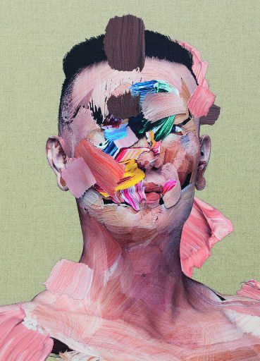 A painting of a man with colorful paint on his face.