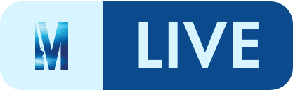 M live logo in blue color with a white color background