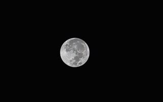 A full moon is seen in the dark sky.
