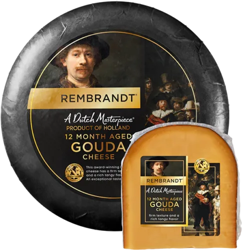 Package of 12-month aged Rembrandt Gouda cheese from Holland.