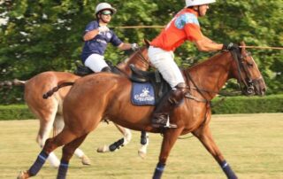 Polo players riding horses in a match.