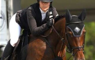 Equestrian woman riding a brown horse.