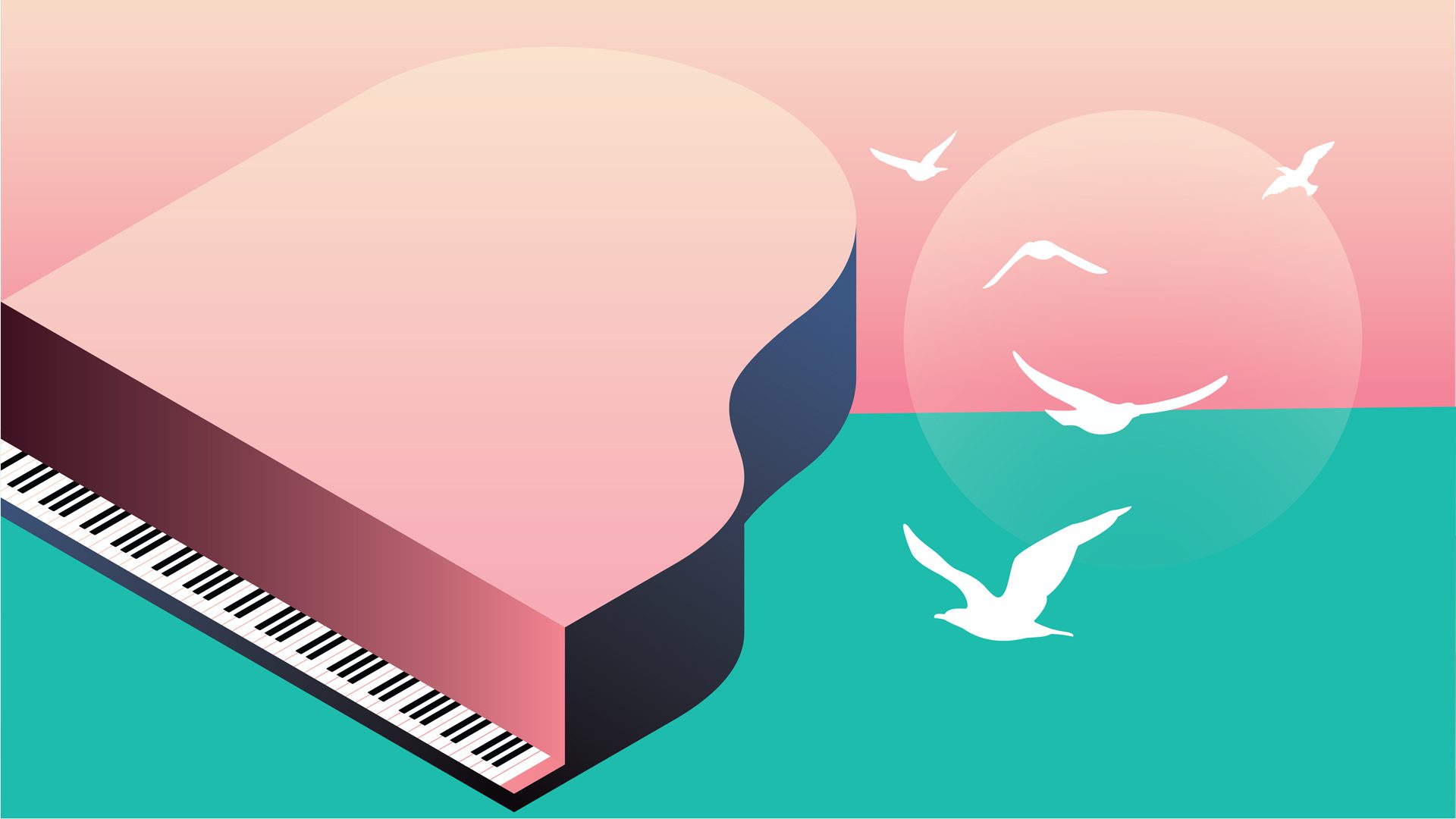 Abstract piano with birds flying over a pastel sea and sky.