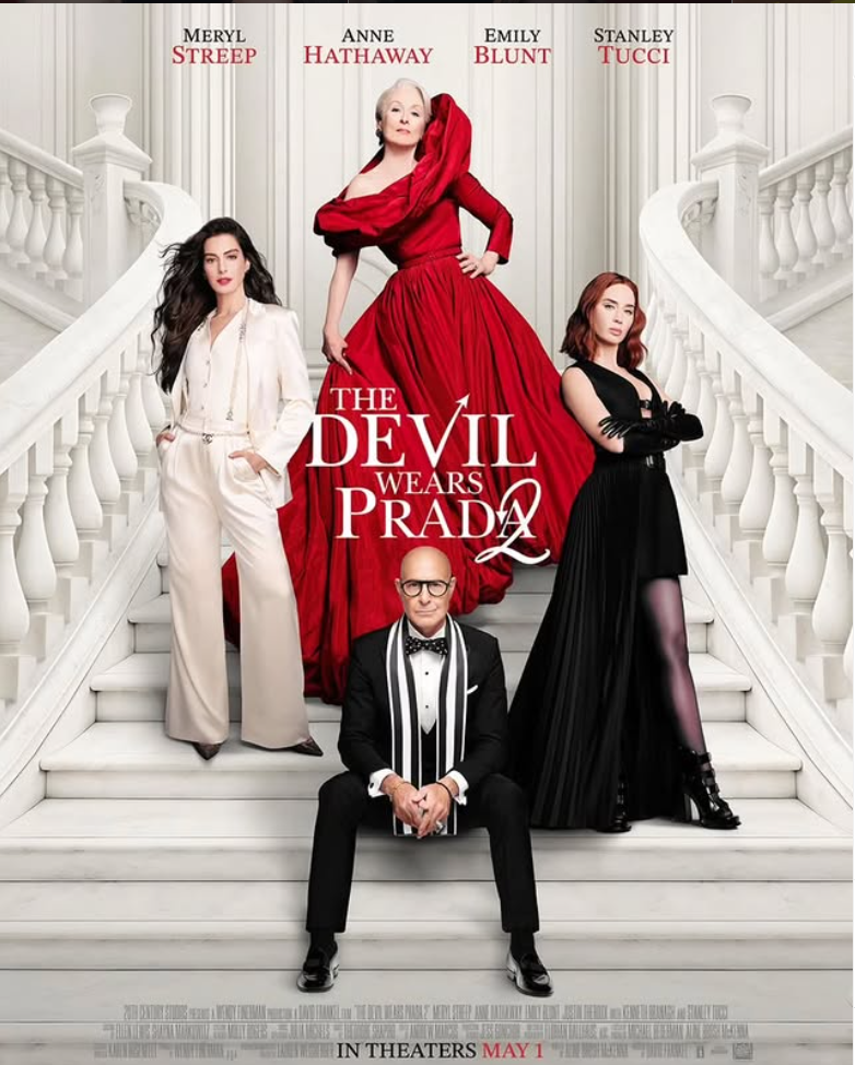 Promotional poster for The Devil Wears Prada featuring four stylish characters on grand stairs.